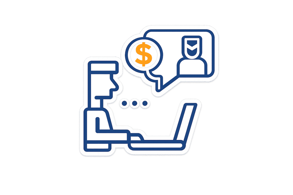 Laptop with chat bubble showing dollar sign and secure payment symbol