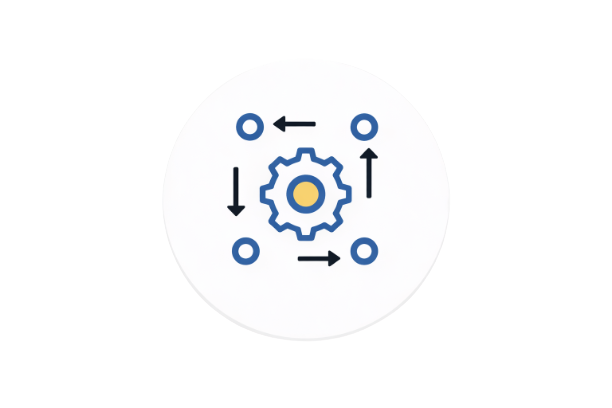 Gear with directional arrows showing process automation and system workflow