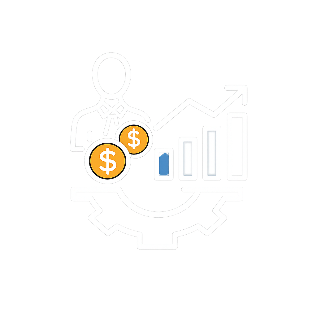 Business professional with growth chart and dollar symbols representing revenue growth
