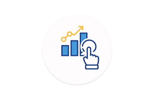 Bar chart with upward trend arrow and touch interaction symbol