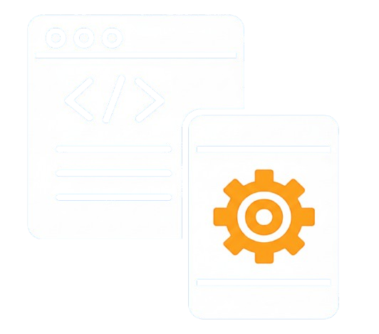 Website interface with code symbol and settings gear